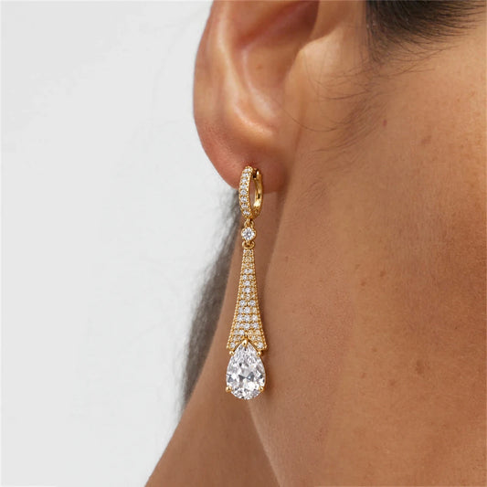 Aurelia Tapered Teardrop Crystal Hoop Earrings by Oraki Jewels, shown worn for styling