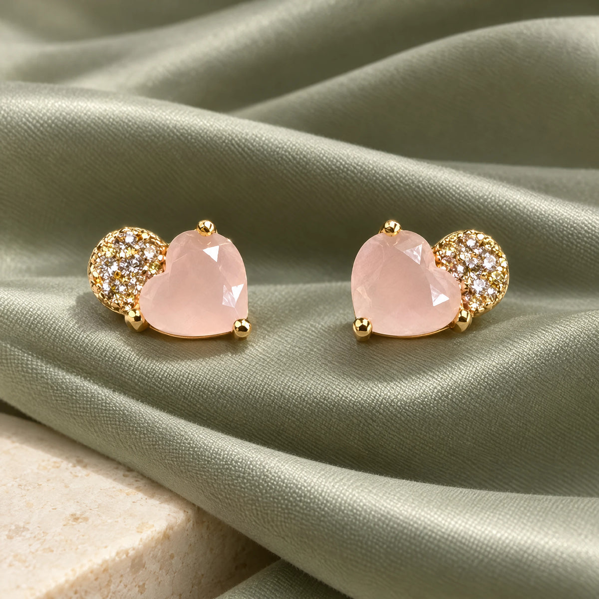 Blush Heart Crystal Stud Earrings by Oraki Jewels, styled studio view