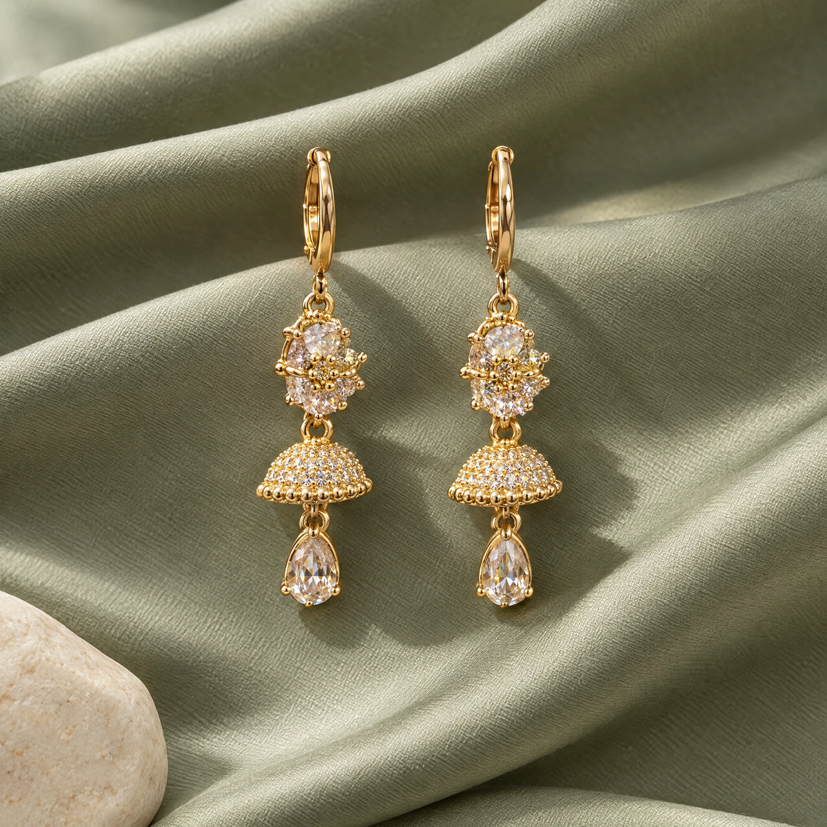 Floral Jhumka Crystal Drop Earrings by Oraki Jewels, styled studio view