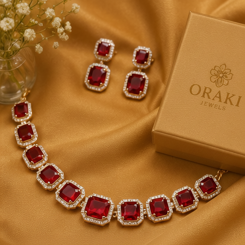 ORAKI Ruby Royale Luxury Gift Set – Necklace, Earrings & Watch