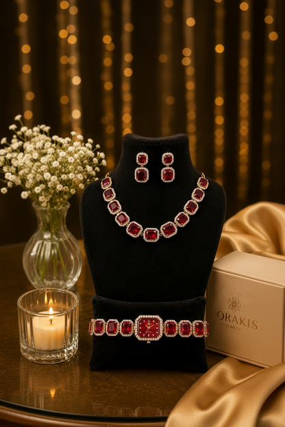 ORAKI Ruby Royale Luxury Gift Set – Necklace, Earrings & Watch