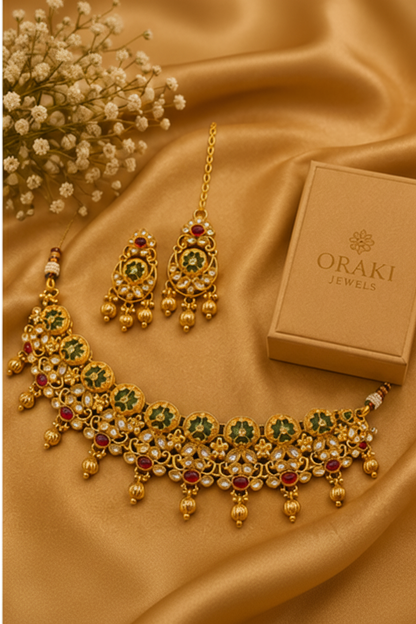ORAKI Rajsi Kundan Choker Set with Earrings & Maang Tikka
