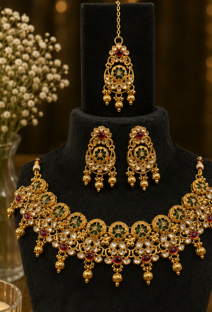 ORAKI Rajsi Kundan Choker Set with Earrings & Maang Tikka