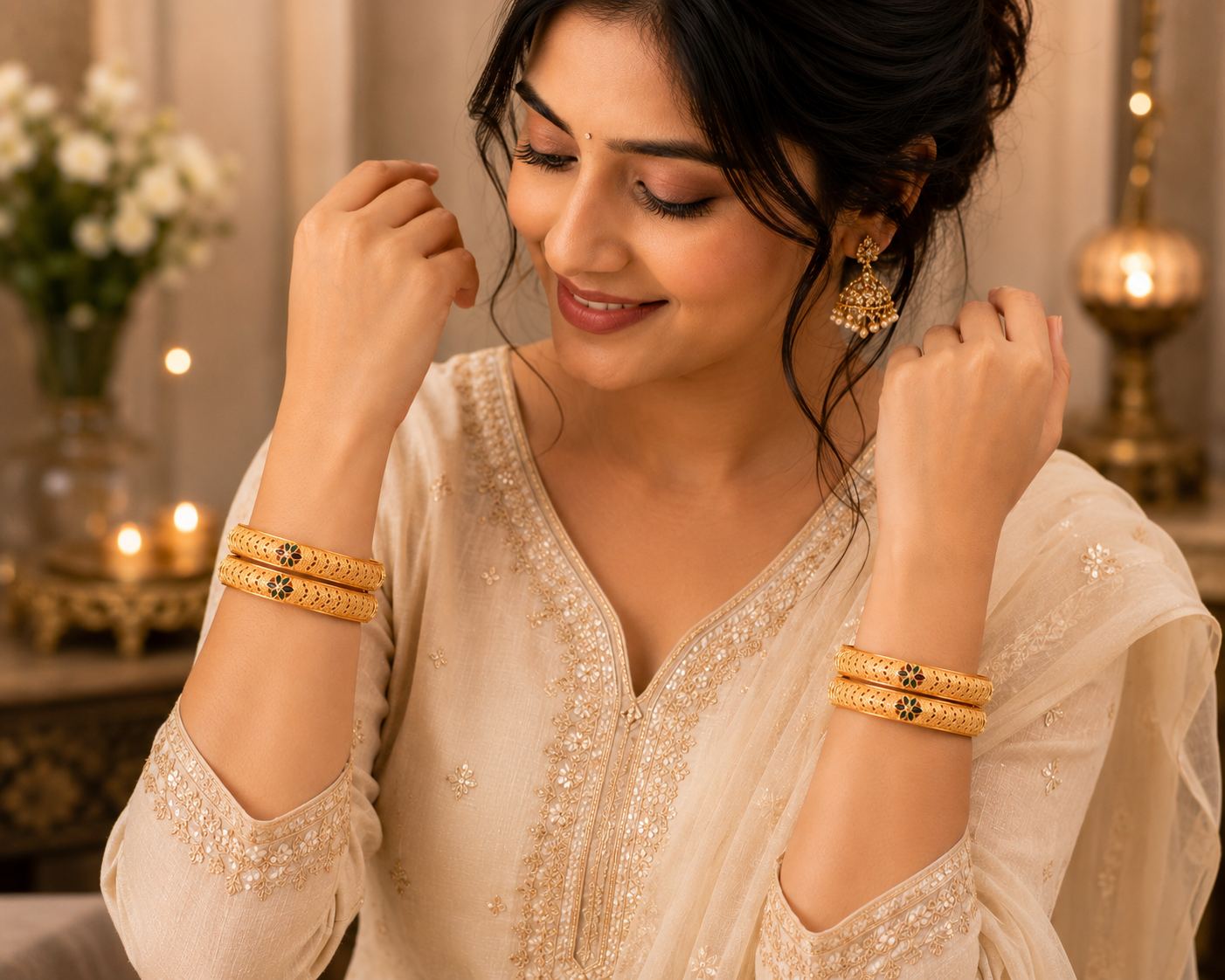 ORAKI Gulnaar Grace Floral Gold-Plated Bangles Set of 4