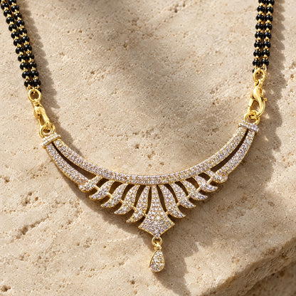 Aavira Grace Crystal Leaf Black Bead Mangalsutra by Oraki Jewels, detail close-up