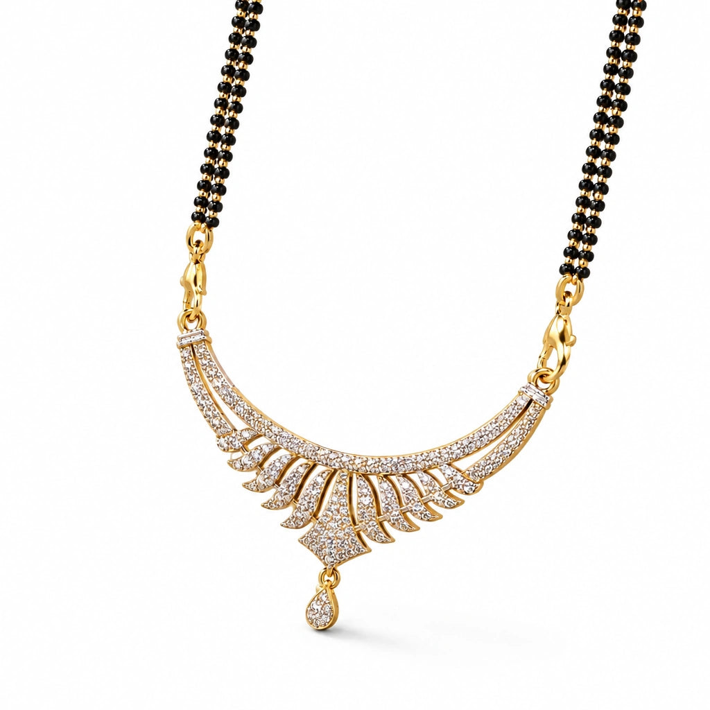 Aavira Grace Crystal Leaf Black Bead Mangalsutra by Oraki Jewels, angled view on white