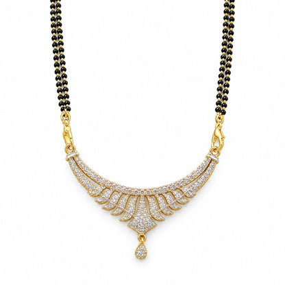 Aavira Grace Crystal Leaf Black Bead Mangalsutra by Oraki Jewels, front view on white