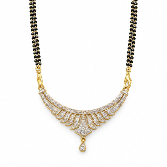 Aavira Grace Crystal Leaf Black Bead Mangalsutra by Oraki Jewels, front view on white