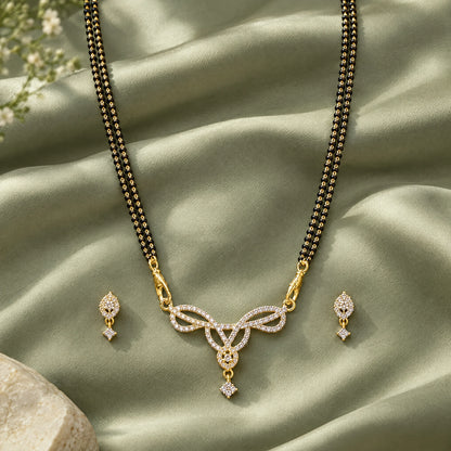 Aavya Bloom Black Bead Mangalsutra Set with Earrings by Oraki Jewels, styled studio view