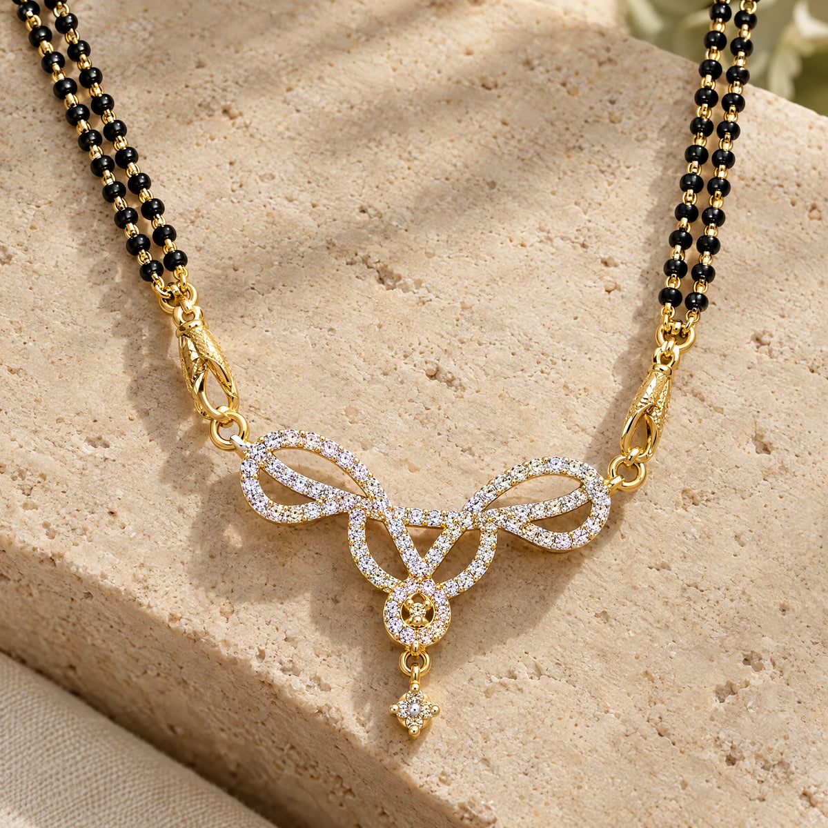 Aavya Bloom Black Bead Mangalsutra Set with Earrings by Oraki Jewels, detail close-up