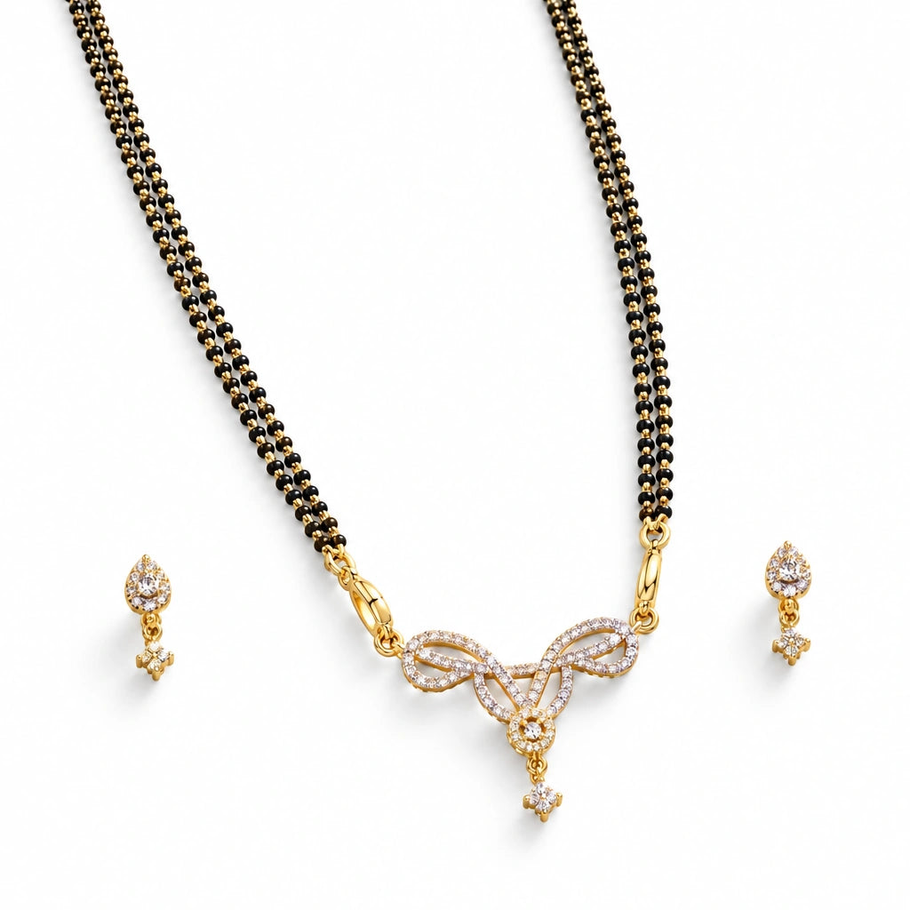 Aavya Bloom Black Bead Mangalsutra Set with Earrings by Oraki Jewels, angled view on white