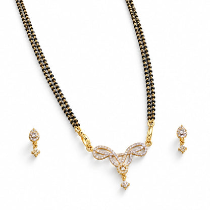 Aavya Bloom Black Bead Mangalsutra Set with Earrings by Oraki Jewels, angled view on white