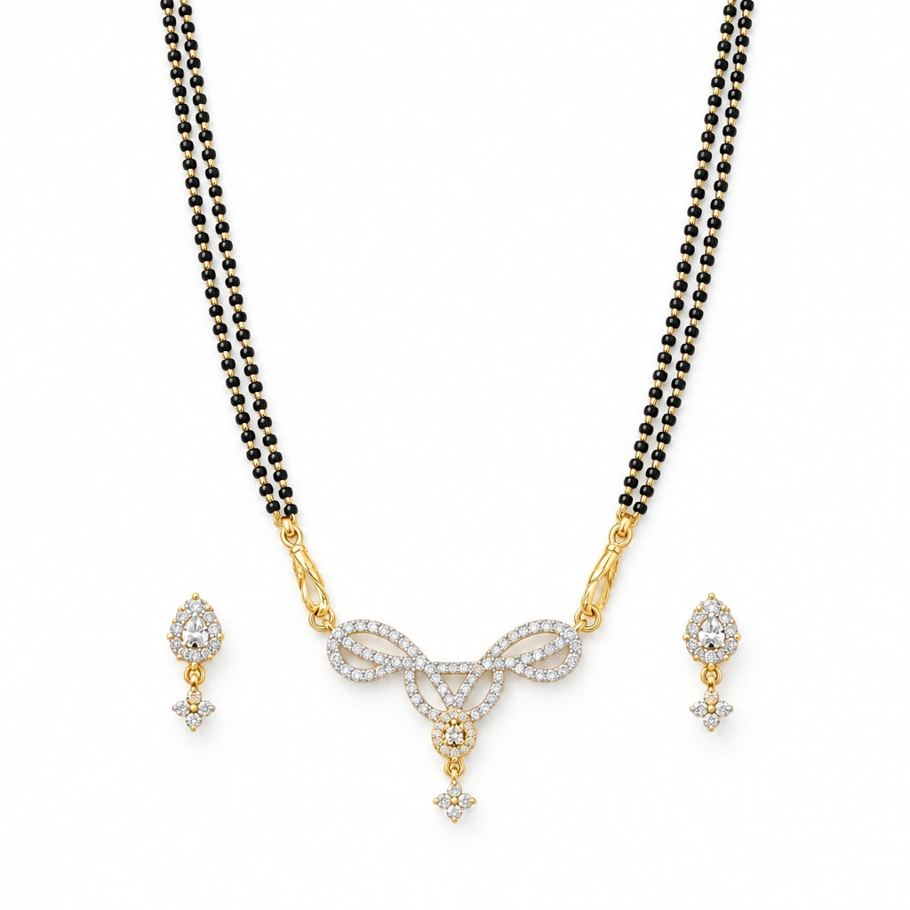 Aavya Bloom Black Bead Mangalsutra Set with Earrings by Oraki Jewels, front view on white