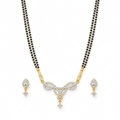 Aavya Bloom Black Bead Mangalsutra Set with Earrings by Oraki Jewels, front view on white