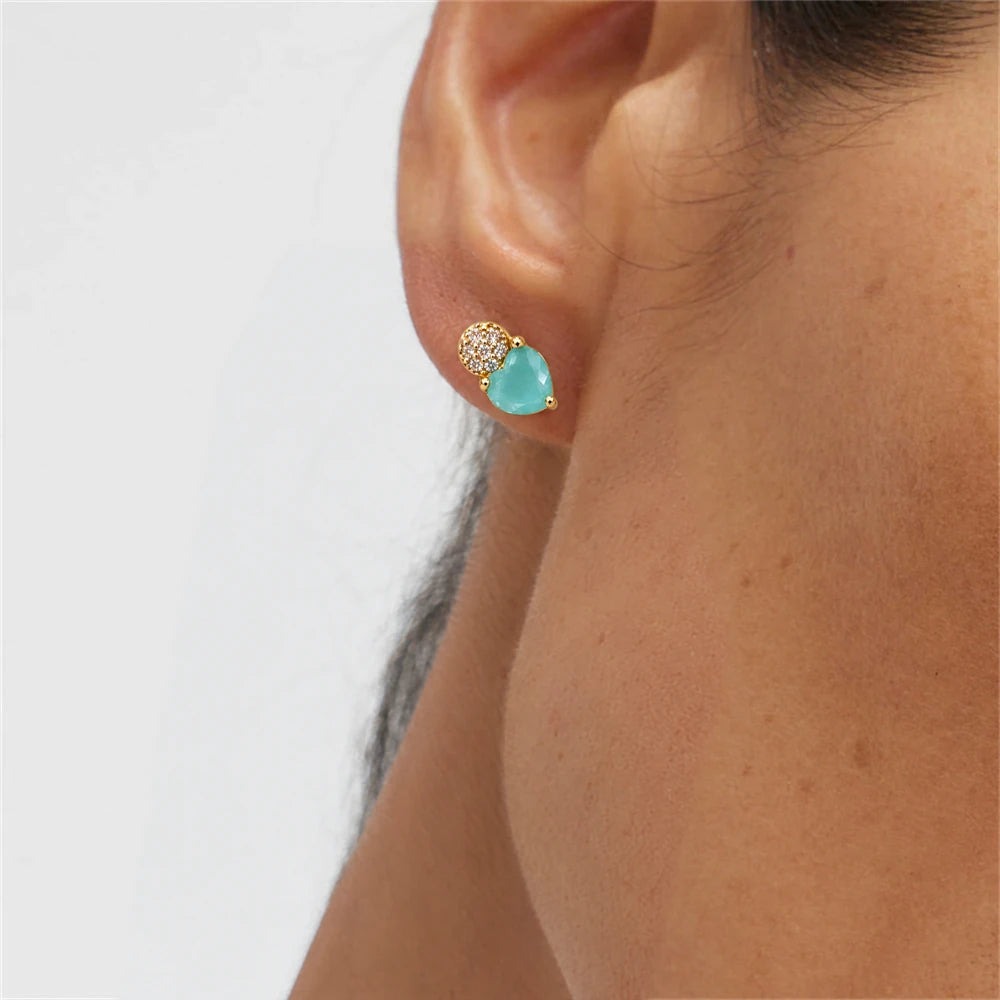 Aqua Heart Crystal Stud Earrings by Oraki Jewels, shown worn for styling