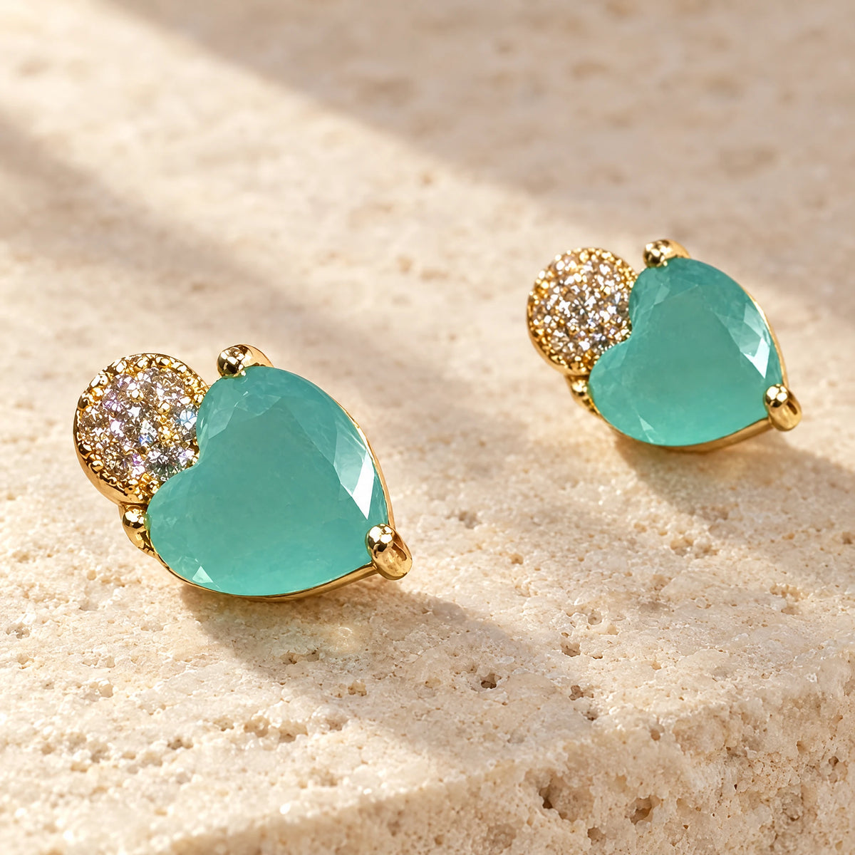Aqua Heart Crystal Stud Earrings by Oraki Jewels, detail close-up