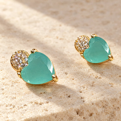 Aqua Heart Crystal Stud Earrings by Oraki Jewels, detail close-up