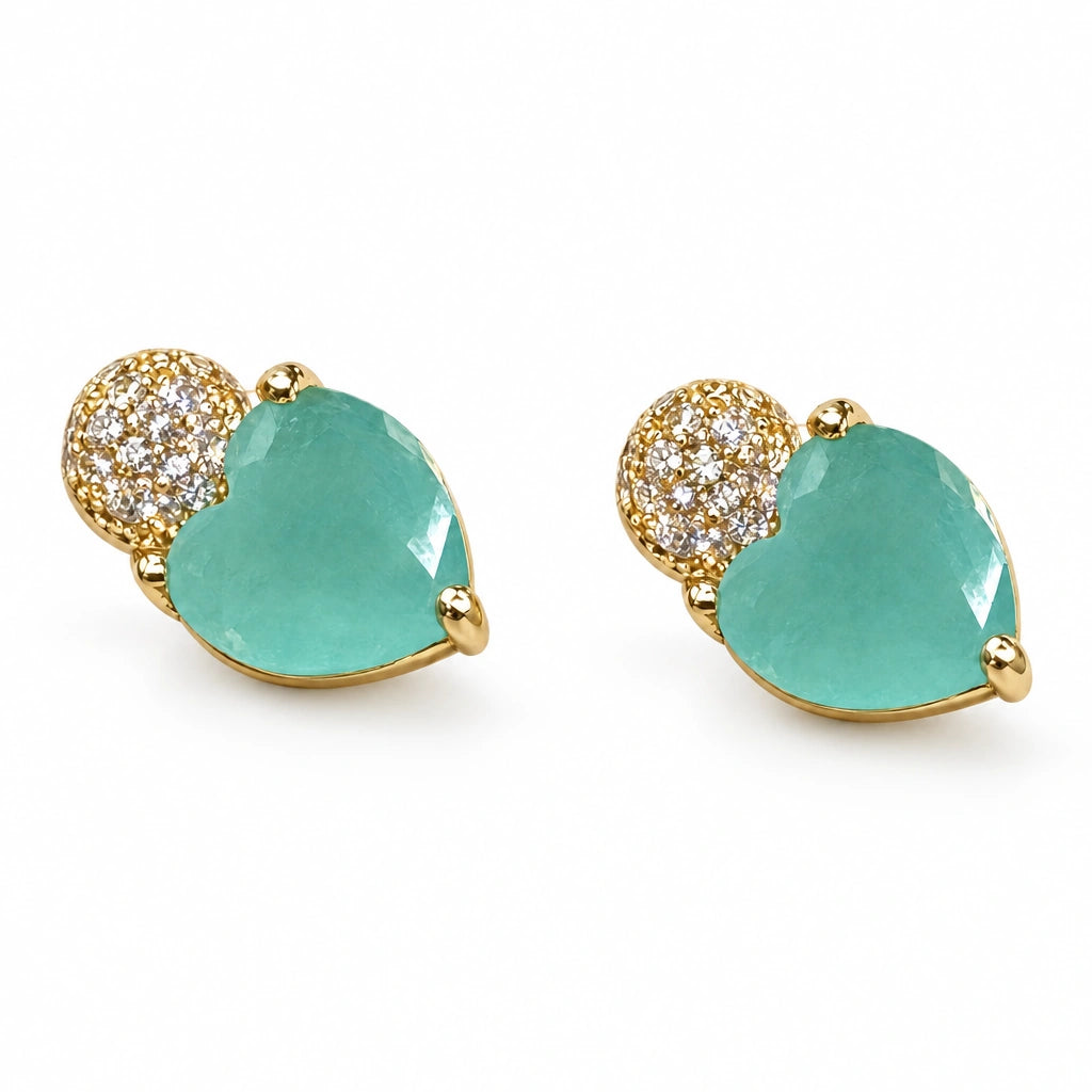 Aqua Heart Crystal Stud Earrings by Oraki Jewels, angled view on white