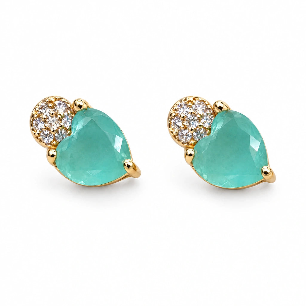 Aqua Heart Crystal Stud Earrings by Oraki Jewels, front view on white