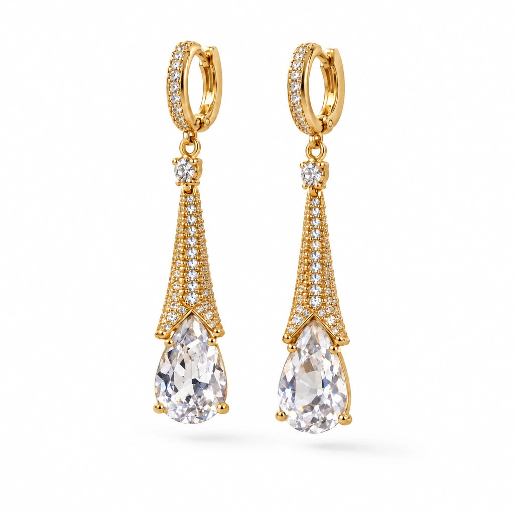 Aurelia Tapered Teardrop Crystal Hoop Earrings by Oraki Jewels, angled view on white