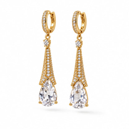 Aurelia Tapered Teardrop Crystal Hoop Earrings by Oraki Jewels, angled view on white