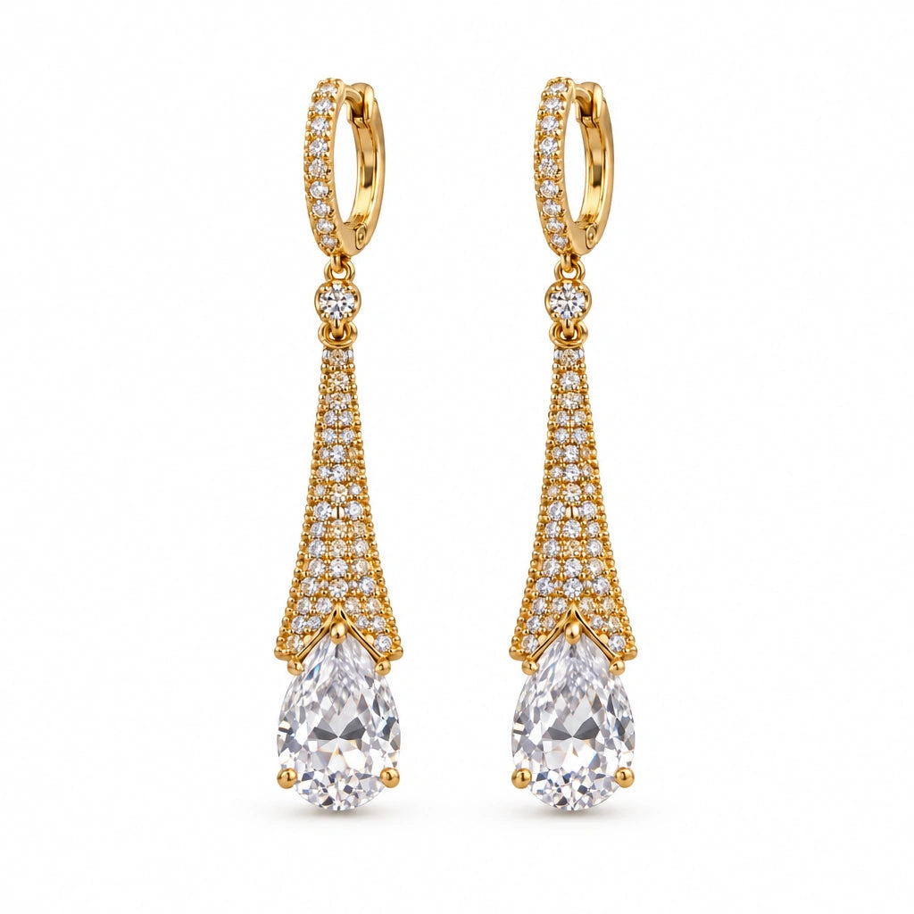Aurelia Tapered Teardrop Crystal Hoop Earrings by Oraki Jewels, front view on white