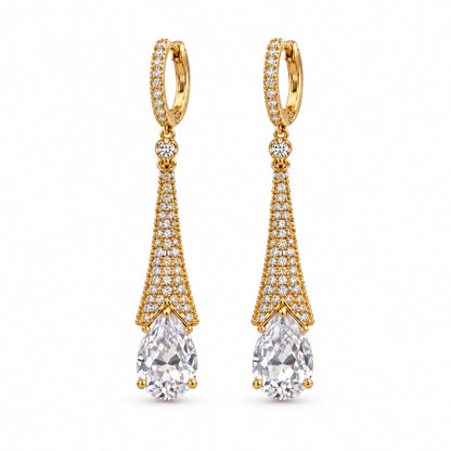 Aurelia Tapered Teardrop Crystal Hoop Earrings by Oraki Jewels, front view on white