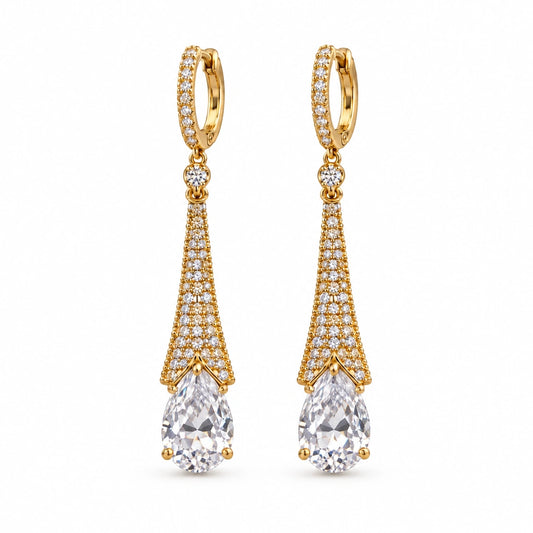 Aurelia Tapered Teardrop Crystal Hoop Earrings by Oraki Jewels, front view on white