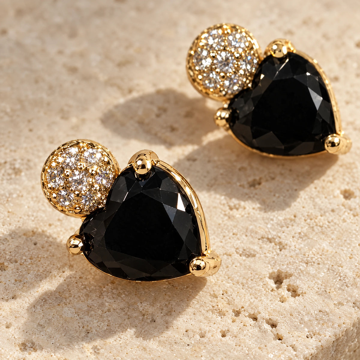 Black Heart Crystal Stud Earrings by Oraki Jewels, detail close-up
