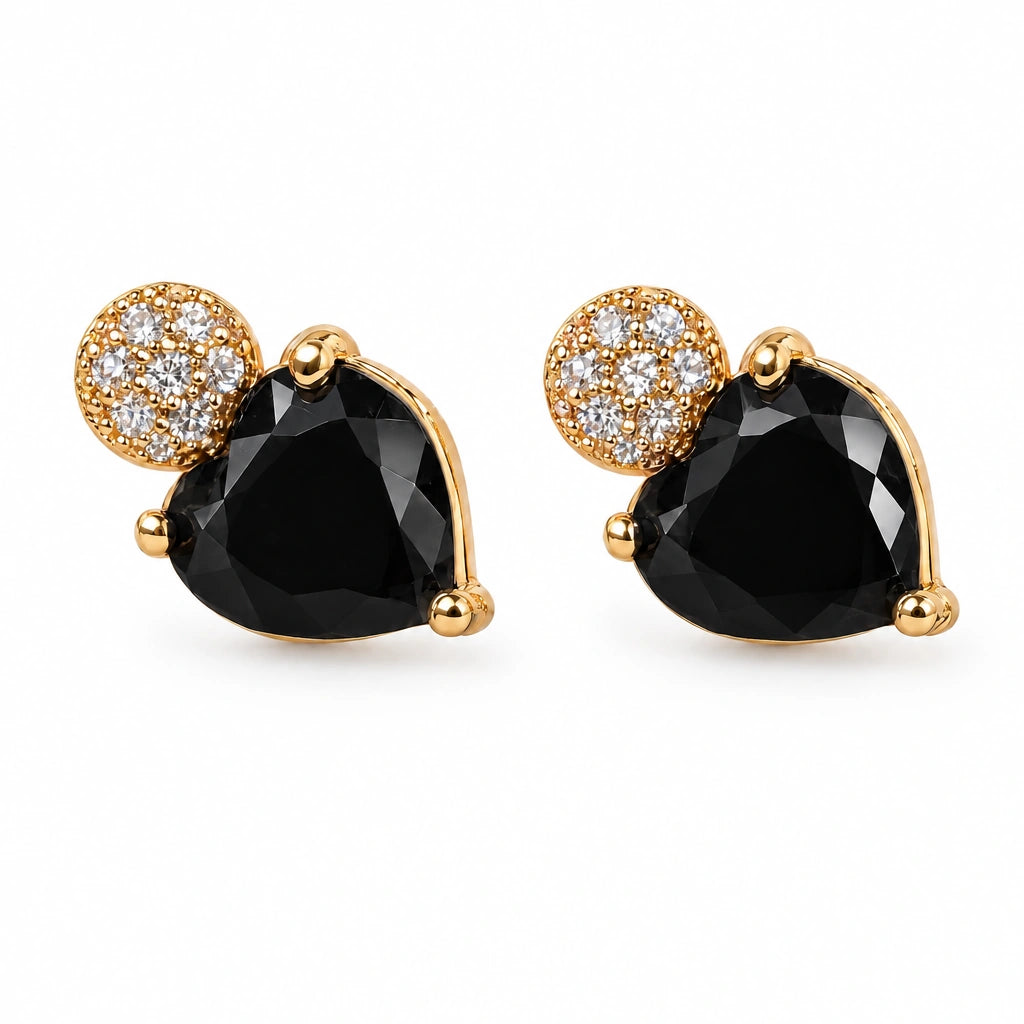 Black Heart Crystal Stud Earrings by Oraki Jewels, front view on white