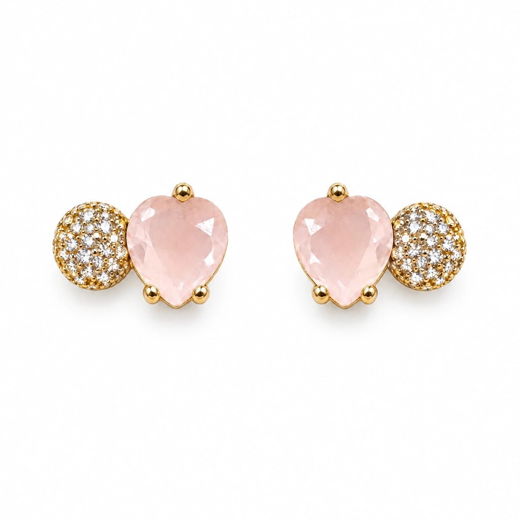 Blush Heart Crystal Stud Earrings by Oraki Jewels, front view on white