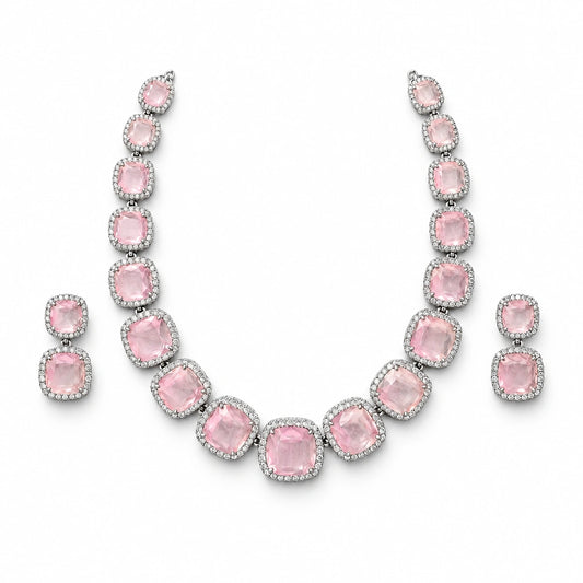 Blush Pink Cushion Tennis Necklace Set by Oraki Jewels, front view on white