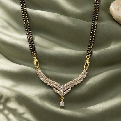 Celeste Wing Crystal Black Bead Mangalsutra by Oraki Jewels, styled studio view