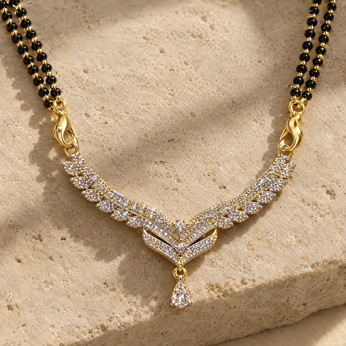 Celeste Wing Crystal Black Bead Mangalsutra by Oraki Jewels, detail close-up