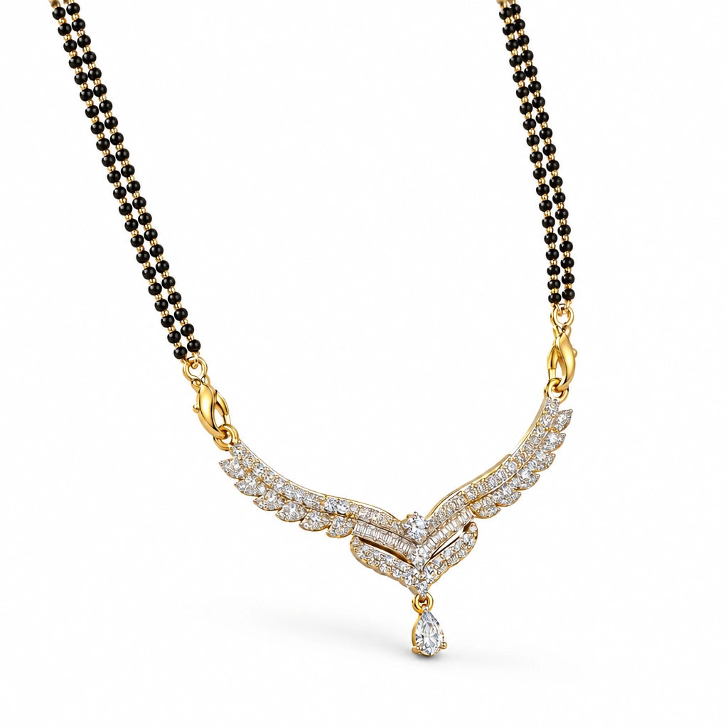 Celeste Wing Crystal Black Bead Mangalsutra by Oraki Jewels, angled view on white