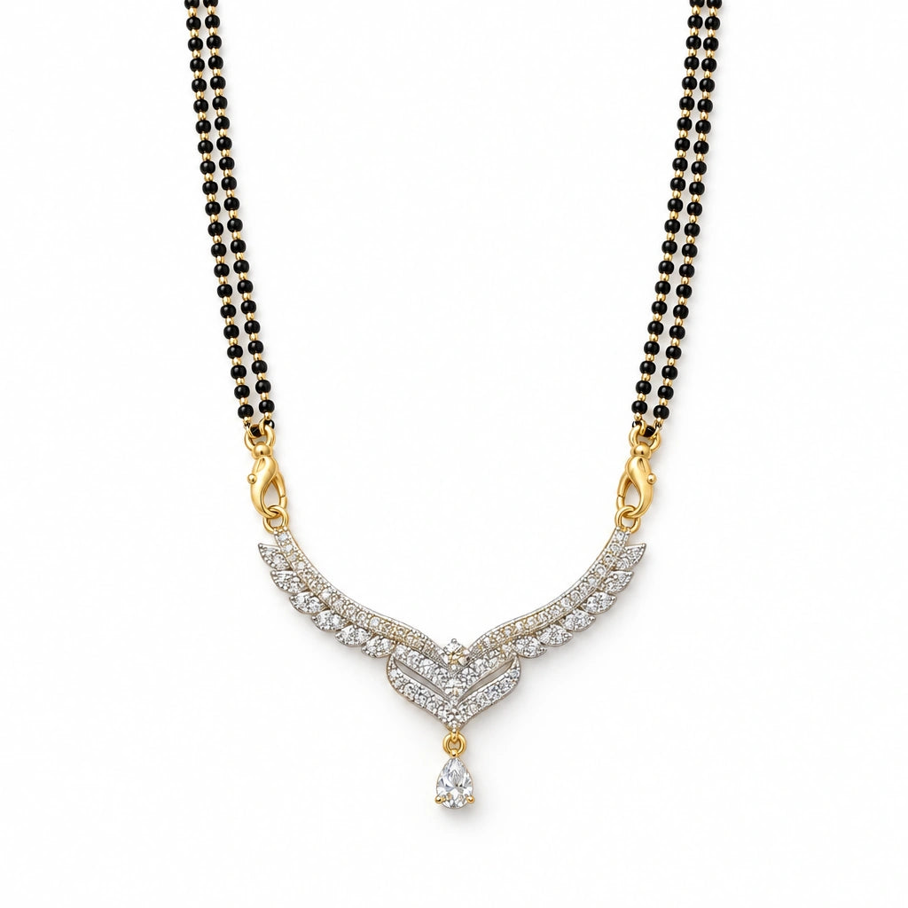 Celeste Wing Crystal Black Bead Mangalsutra by Oraki Jewels, front view on white