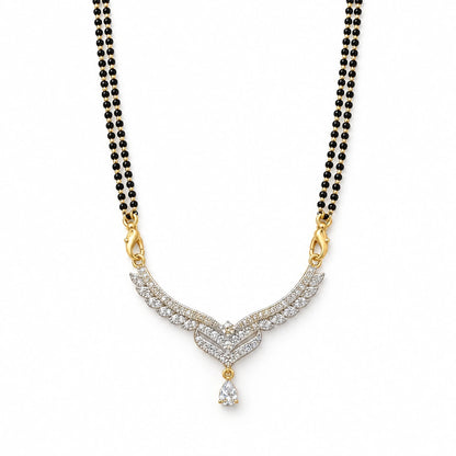 Celeste Wing Crystal Black Bead Mangalsutra by Oraki Jewels, front view on white