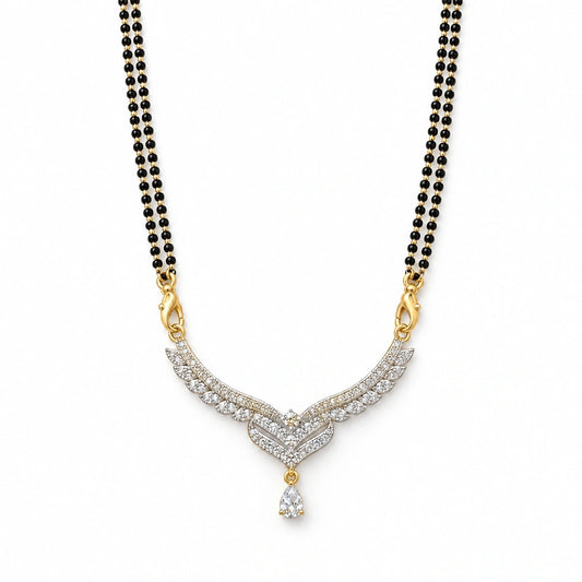 Celeste Wing Crystal Black Bead Mangalsutra by Oraki Jewels, front view on white