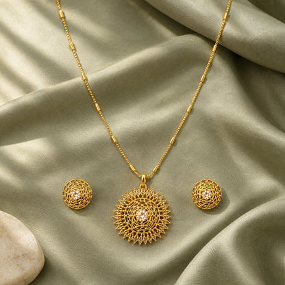 Champagne Filigree Pendant Necklace Set by Oraki Jewels, styled studio view