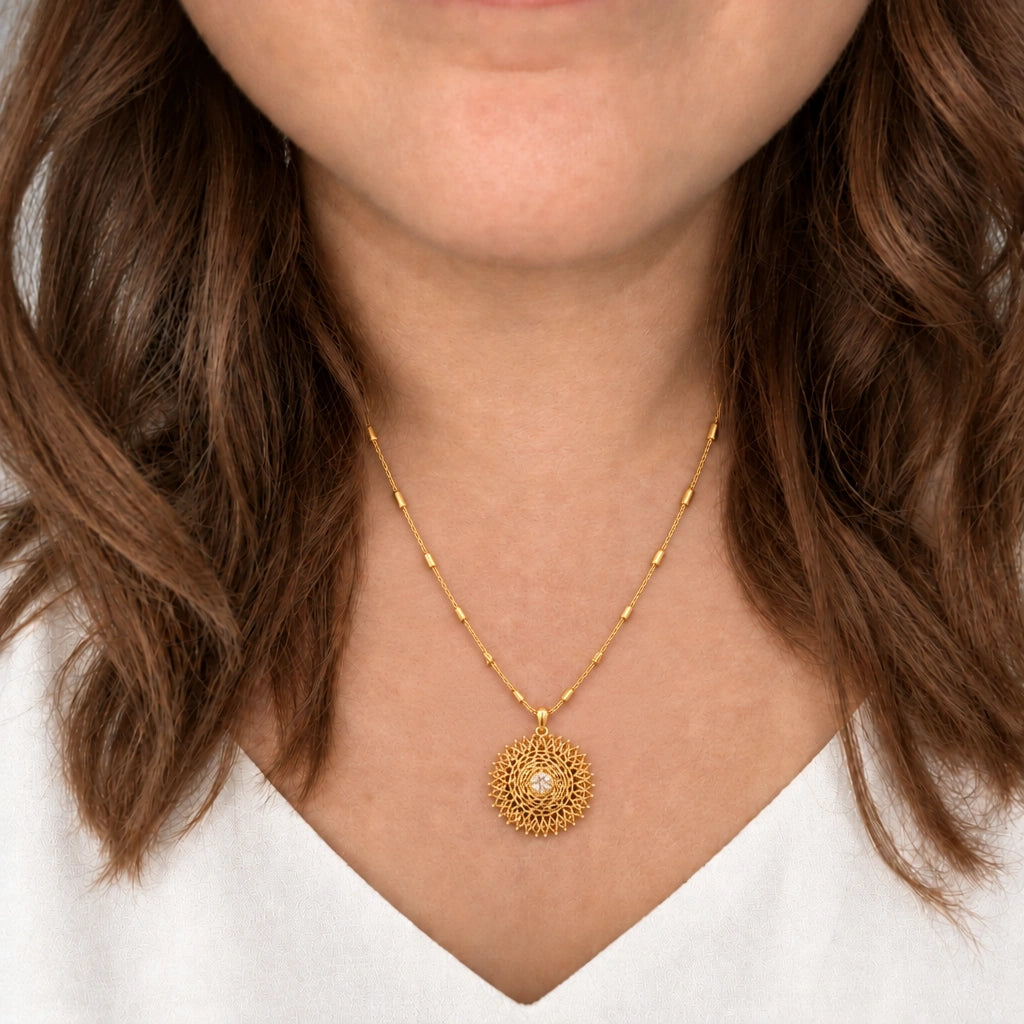 Champagne Filigree Pendant Necklace Set by Oraki Jewels, shown worn in a natural studio crop
