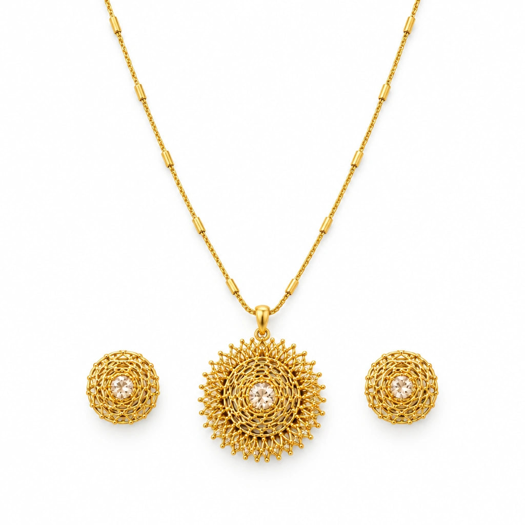 Champagne Filigree Pendant Necklace Set by Oraki Jewels, front view on white