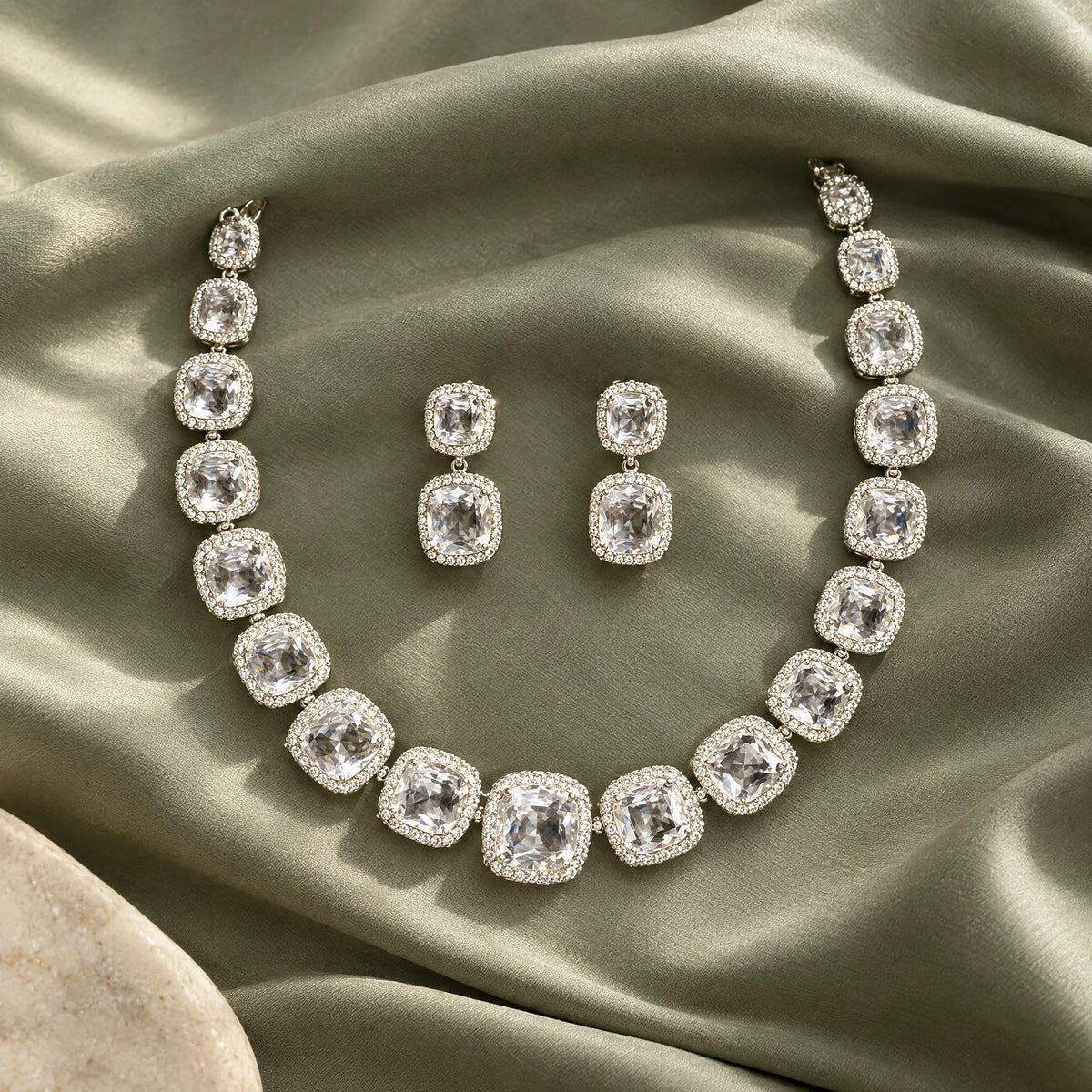 Clear Cushion Crystal Tennis Necklace Set by Oraki Jewels, styled studio view
