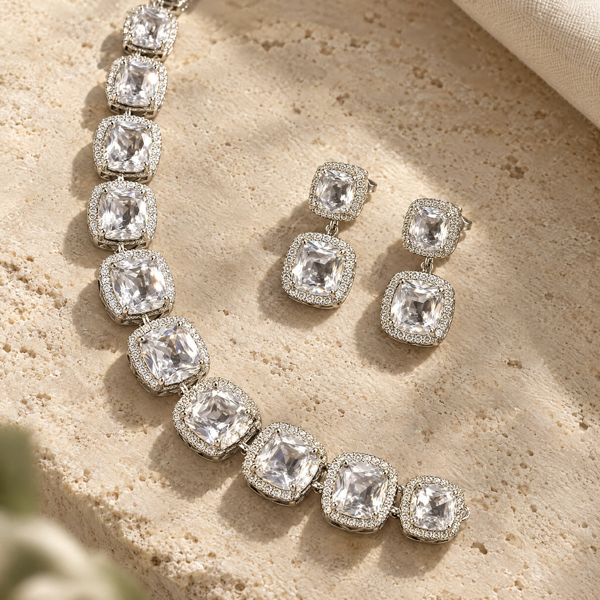 Clear Cushion Crystal Tennis Necklace Set by Oraki Jewels, detail close-up