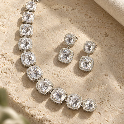 Clear Cushion Crystal Tennis Necklace Set by Oraki Jewels, detail close-up