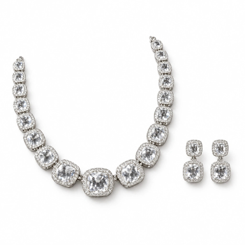 Clear Cushion Crystal Tennis Necklace Set by Oraki Jewels, angled view on white
