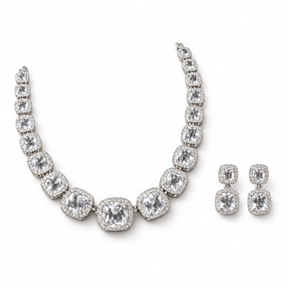 Clear Cushion Crystal Tennis Necklace Set by Oraki Jewels, angled view on white