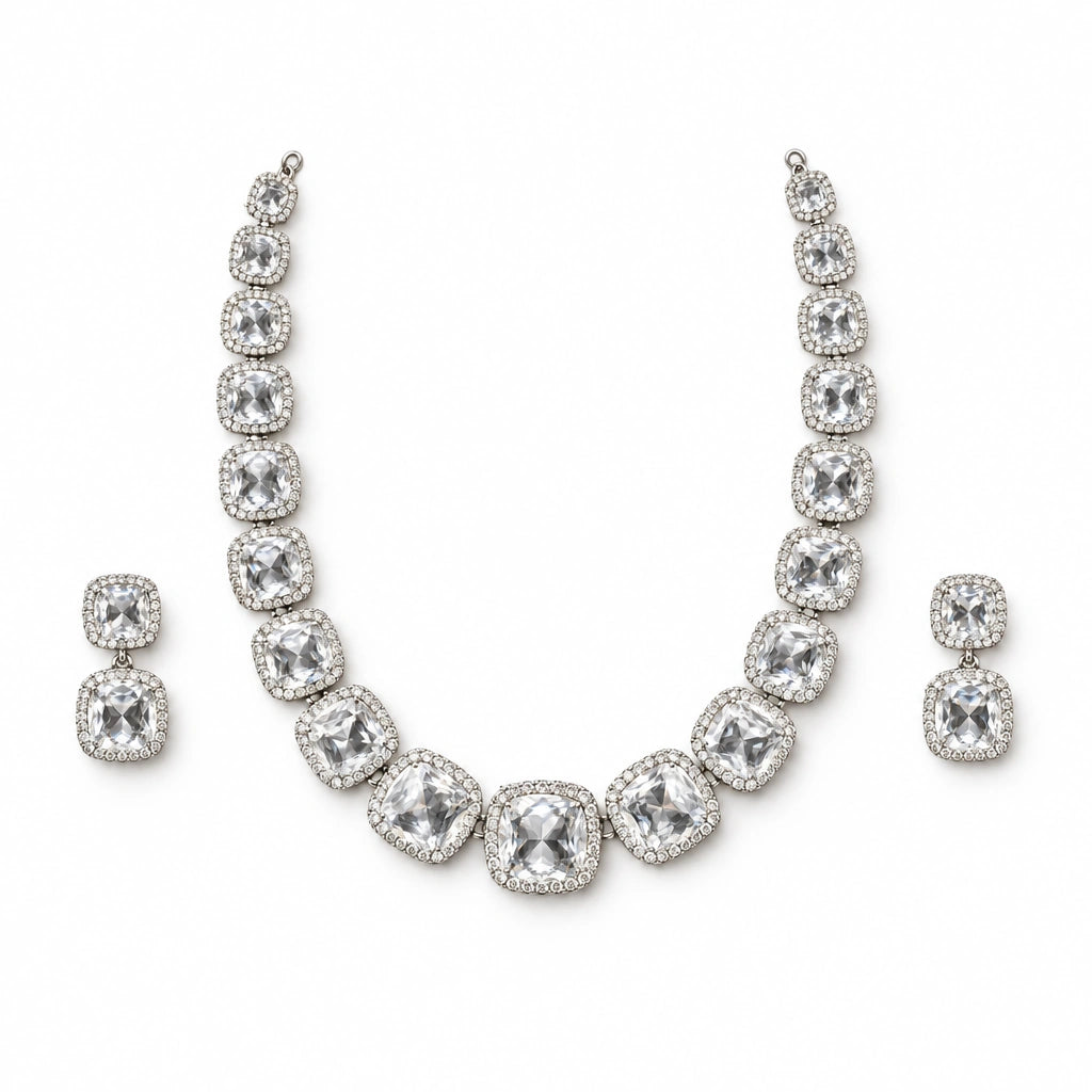 Clear Cushion Crystal Tennis Necklace Set by Oraki Jewels, front view on white