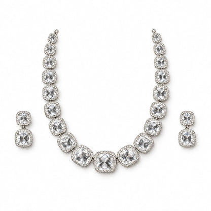Clear Cushion Crystal Tennis Necklace Set by Oraki Jewels, front view on white