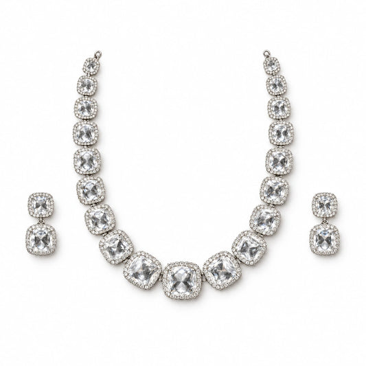 Clear Cushion Crystal Tennis Necklace Set by Oraki Jewels, front view on white