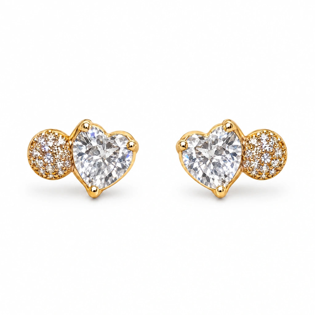 Clear Heart Crystal Stud Earrings by Oraki Jewels, front view on white